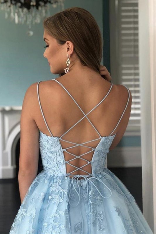 Blue Spaghetti Straps Short Prom Dress with Appliques E202283111