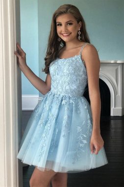 Blue Spaghetti Straps Short Prom Dress with Appliques E202283111
