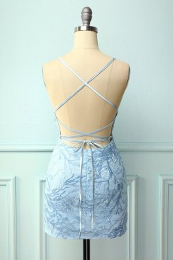 Light Blue Tight Hoco Dress with Appliques E202283095