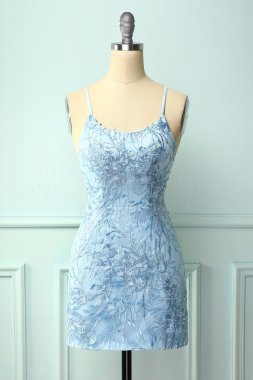 Light Blue Tight Hoco Dress with Appliques E202283095