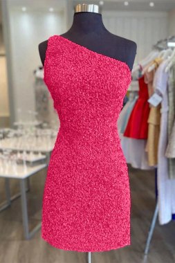 Sheath One Shoulder Fuchsia Short Homecoming Dress with Appliques E202283074