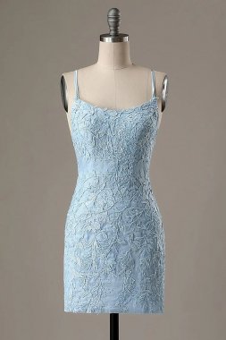 Light Blue Short Tight Homecoming Dress with Lace Beading E202283005