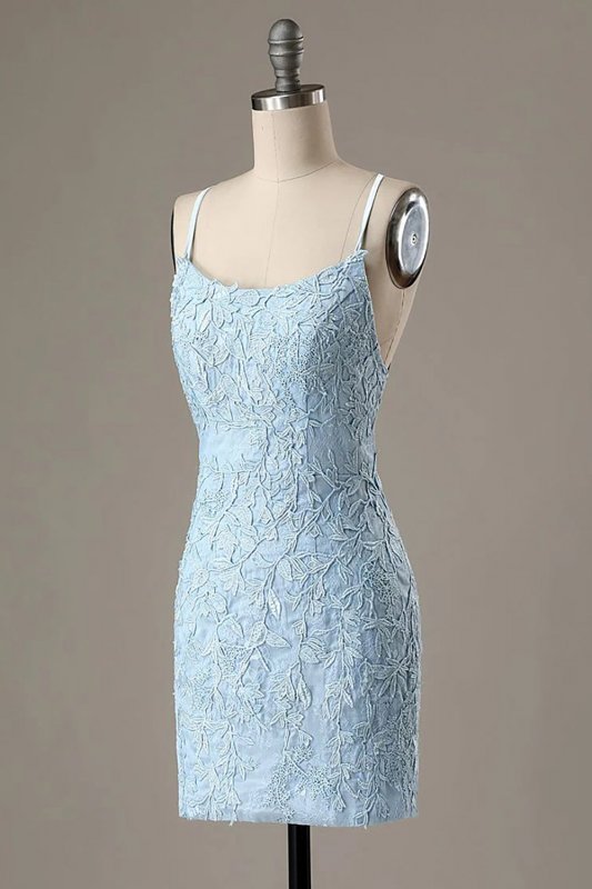 Light Blue Short Tight Homecoming Dress with Lace Beading E202283005