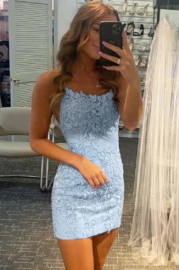 Light Blue Short Tight Homecoming Dress with Lace Beading E202283005