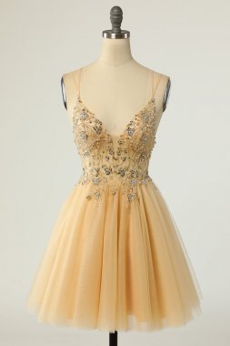 Gorgeous A Line Spaghetti Straps Grey Short Homecoming Dress with Beading E202283026