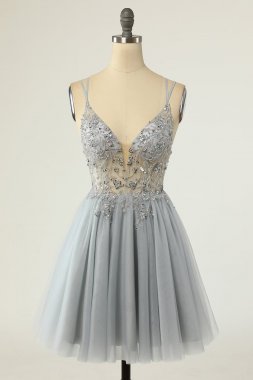 Gorgeous A Line Spaghetti Straps Grey Short Homecoming Dress with Beading E202283026