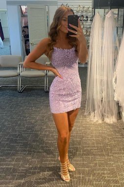 Lilac Tight Short Prom Dress with Appliques E202283001