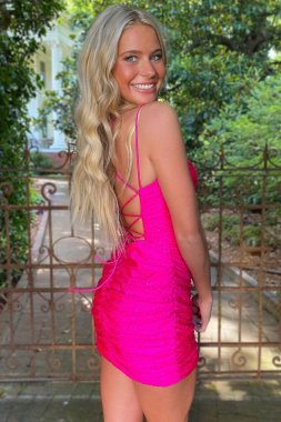 Rose Pink Lace Up Tight Homecoming Dress E202283011
