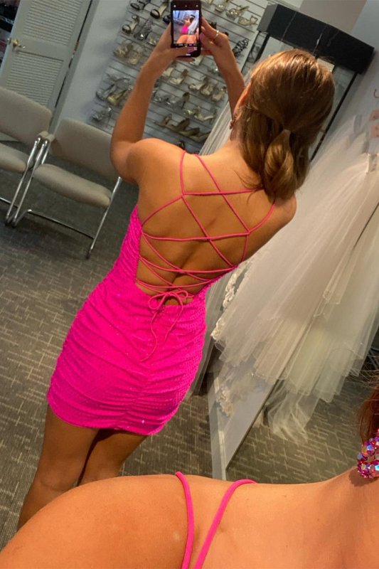 Rose Pink Lace Up Tight Homecoming Dress E202283011