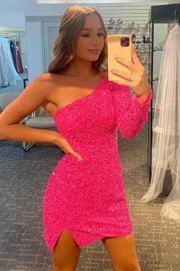 Fuchsia Sequins Homecoming Dress with Sleeves E202283004