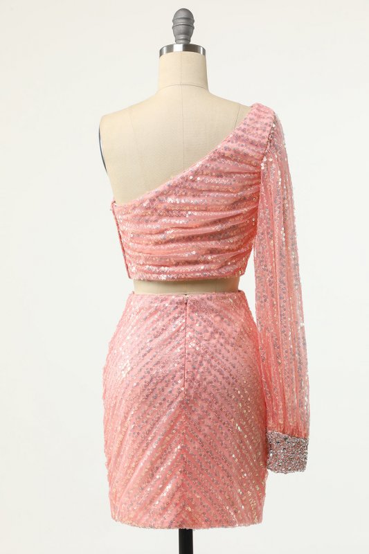 Pink Two Piece Sequin Homecoming Dress E202283013