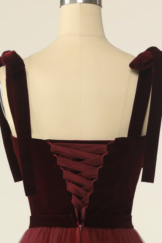 Burgundy Tulle Homecoming Dress with Bowknot E202283619