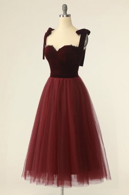 Burgundy Tulle Homecoming Dress with Bowknot E202283619