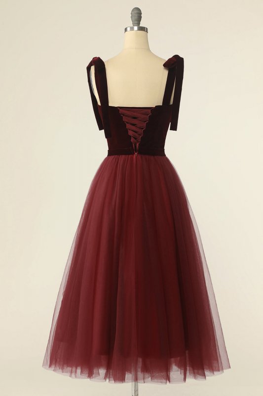 Burgundy Tulle Homecoming Dress with Bowknot E202283619