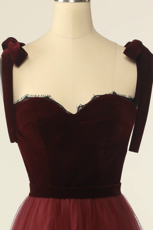 Burgundy Tulle Homecoming Dress with Bowknot E202283619