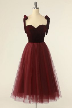Burgundy Tulle Homecoming Dress with Bowknot E202283619