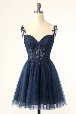 Navy Spaghetti Straps Short Homecoming Dress with Appliques E202283020