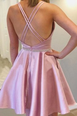 A Line Halter Pink Homecoming Dress with Open Back E202283808