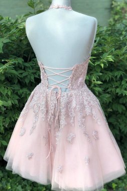 A Line Halter Light Pink Short Homecoming Dress with Appliques E202283610