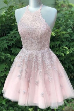 A Line Halter Light Pink Short Homecoming Dress with Appliques E202283610