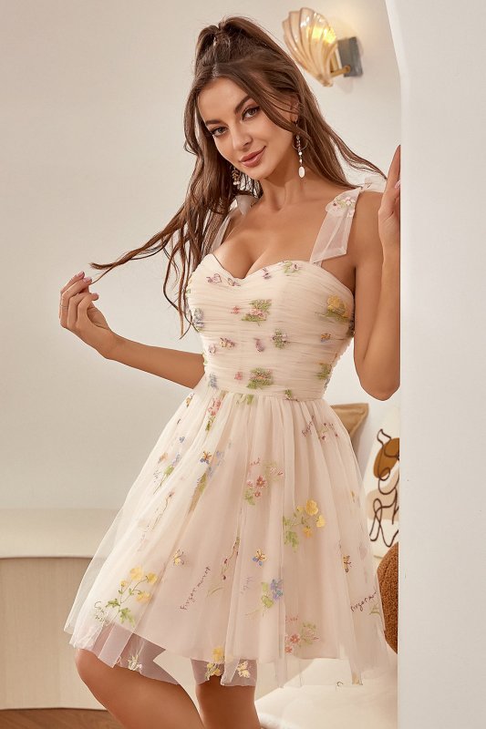 Cute A Line Spaghetti Straps Champagne Homecoming Dress with Embroidery E202283050