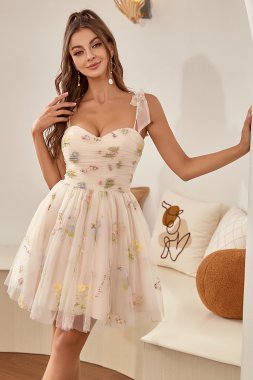 Cute A Line Spaghetti Straps Champagne Homecoming Dress with Embroidery E202283050