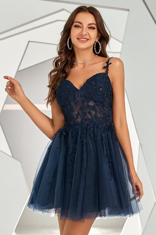 Navy Backless Short Cocktail Dress with Appliques E202283067