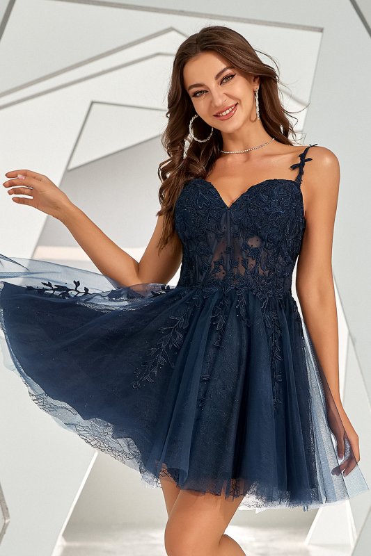 Navy Backless Short Cocktail Dress with Appliques E202283067
