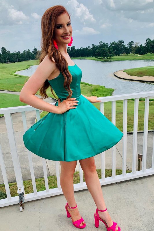 Green Satin Simple Homecoming Dress E202283071