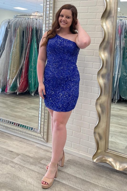 Sheath One Shoulder Royal Blue Sequins Short Homecoming Dress E202283043