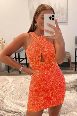 Sheath Halter Red Sequins Homecoming Dress with Backless E202283031
