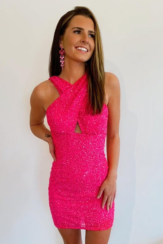Sheath Halter Red Sequins Homecoming Dress with Backless E202283031