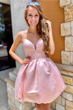 Cute A Line Spaghetti Straps Pink Short Homecoming Dress E202283809