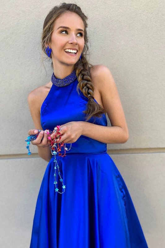 A Line Halter Royal Blue Short Homecoming Dress E202283620