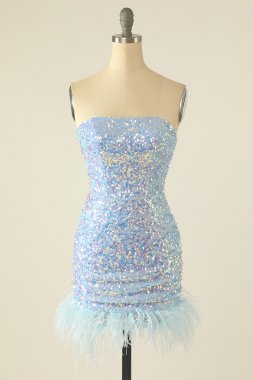 Blue Sequin Homecoming Dress with Feathers E202283033