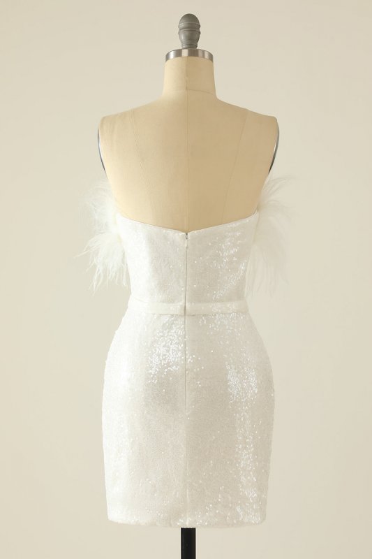 White Strapless Homecoming Dress with Feathers E202283019