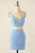 Two Piece Spaghetti Straps Sky Blue Sequins Short Homecoming Dress E202283062