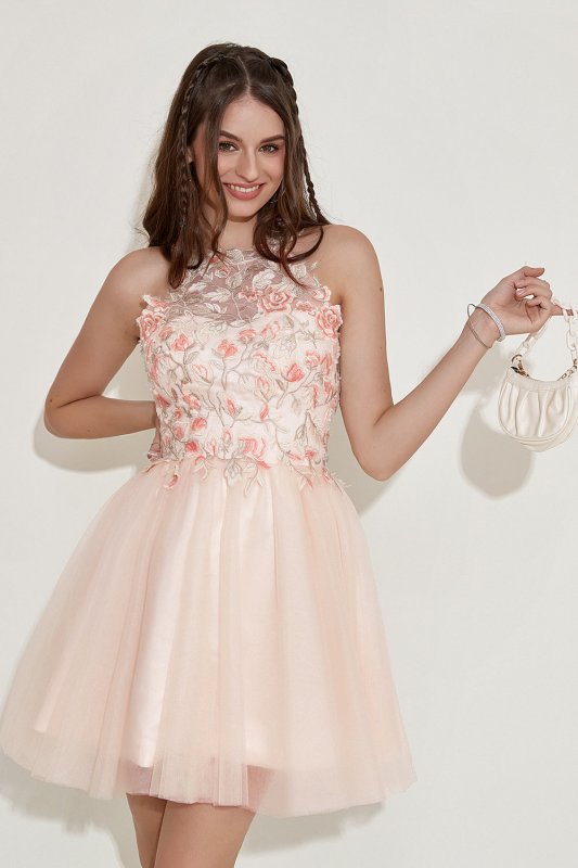 Champagne Halter Homecoming Dress with Embroidery E202283616