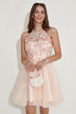 Champagne Halter Homecoming Dress with Embroidery E202283616