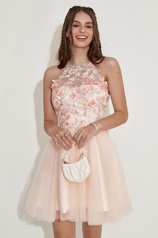 Champagne Halter Homecoming Dress with Embroidery E202283616