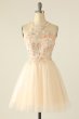 Champagne Halter Homecoming Dress with Embroidery E202283616