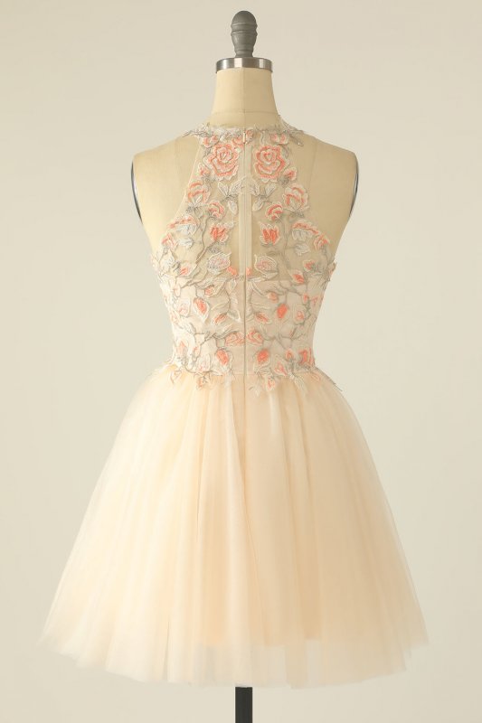 Champagne Halter Homecoming Dress with Embroidery E202283616