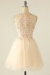 Champagne Halter Homecoming Dress with Embroidery E202283616