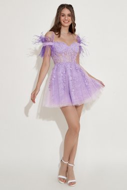 Lavender Off Shoulder Homecoming Dress with Feathers E202283609