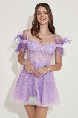 Lavender Off Shoulder Homecoming Dress with Feathers E202283609