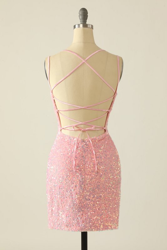 Pink Spaghetti Straps Backless Sequins Homecoming Dress E202283065