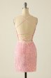 Pink Spaghetti Straps Backless Sequins Homecoming Dress E202283065