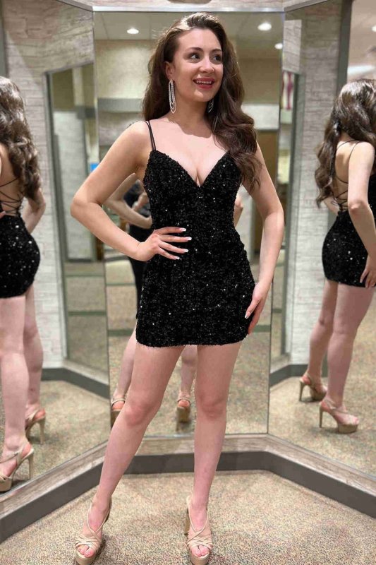 Pink Spaghetti Straps Backless Sequins Homecoming Dress E202283065