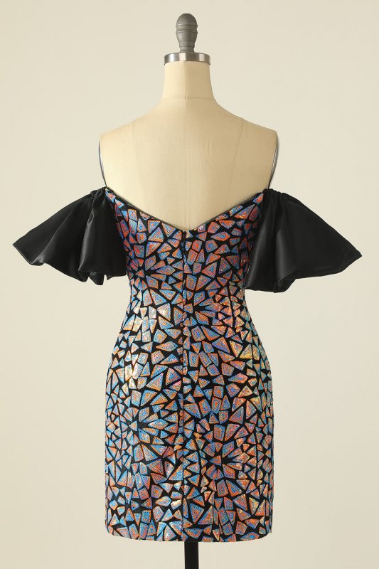 Blue Off the Shoulder Sequins Homecoming Dress with Puff Sleeves E202283066