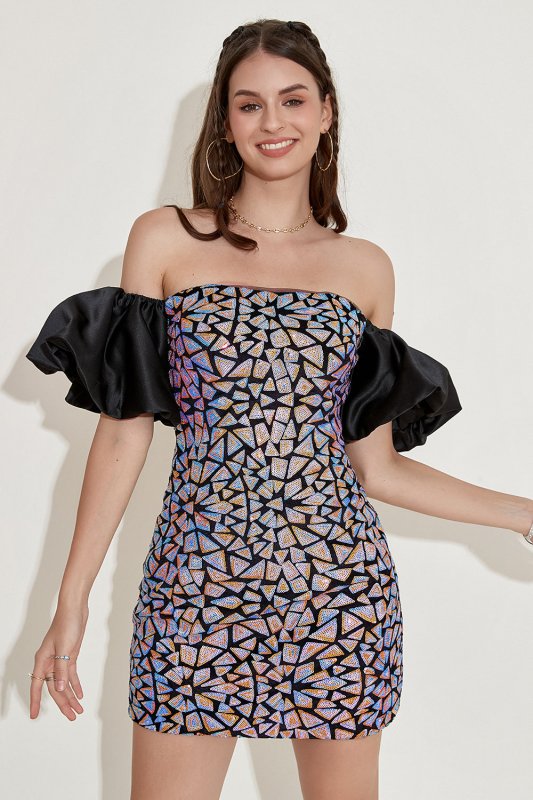 Blue Off the Shoulder Sequins Homecoming Dress with Puff Sleeves E202283066